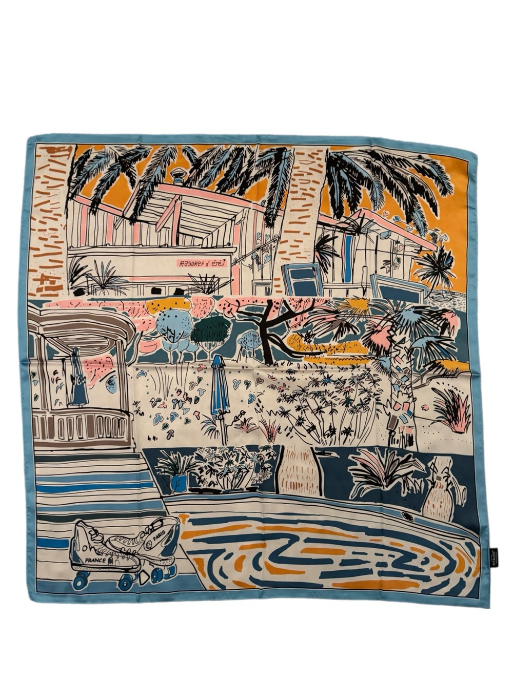 Luxury 90cm Silk Scarf - Blue, Mustard & Pink